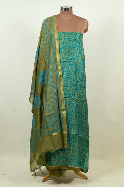 Mehndi Colour Printed Pure Tussar Shirt with Bottom and Printed Pure Chanderi Dupatta