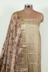 Fawn Colour Print with Embroidered Dupion Silk Shirt with Bottom and Printed Silk Dupatta