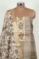 Fawn Colour Print with Embroidered Dupion Silk Shirt with Bottom and Printed Silk Dupatta
