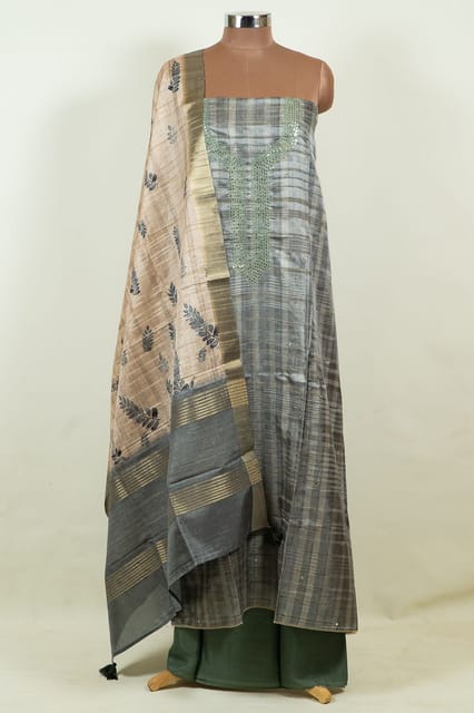 Light Green Colour Print with Embroidered Dupion Silk Shirt with Bottom and Printed Dupion Silk Dupatta