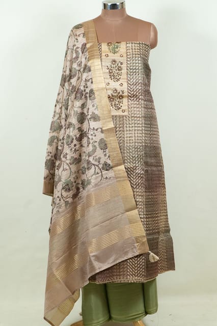 Fawn Colour Print with Embroidered Dupion Silk Shirt with Bottom and Printed Silk Dupatta
