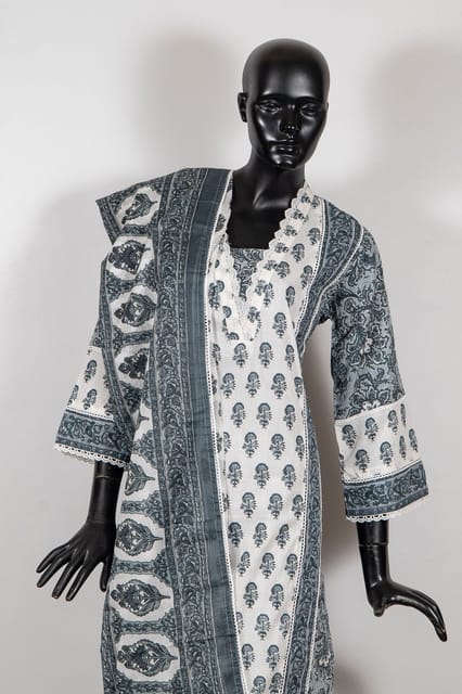 Grey Color Cotton Print with Embroidered Shirt with Cotton Printed Pant and Cotton Printed Dupatta