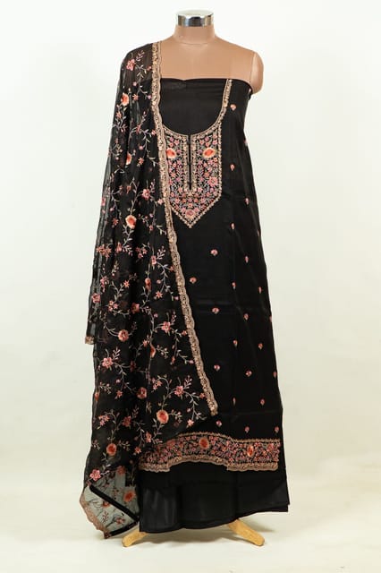 Black Colour Embroidered Viscose Organza Shirt with Bottom and Embroidered Viscose Organza Dupatta