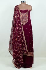 Wine Colour Embroidered Viscose Organza Shirt with Bottom and Embroidered Viscose Organza Dupatta