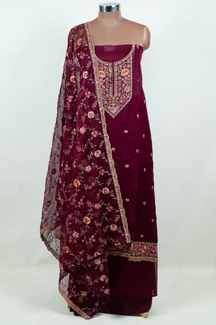Wine Colour Embroidered Viscose Organza Shirt with Bottom and Embroidered Viscose Organza Dupatta