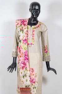 Fawn Color Cotton Print with Embroidered Shirt with Cotton Flex Pant and Cotton Printed Dupatta