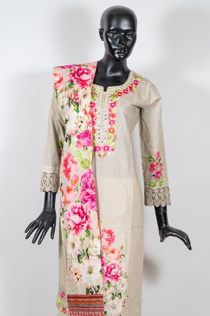 Fawn Color Cotton Print with Embroidered Shirt with Cotton Flex Pant and Cotton Printed Dupatta