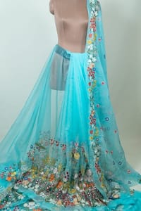 Firozi Colour Thread Embroidered Organza Set