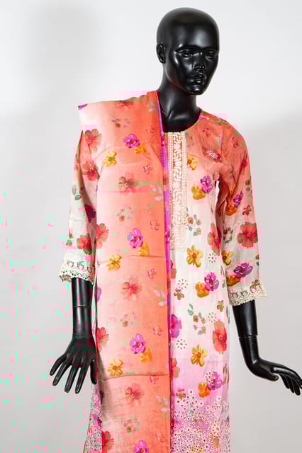 Pink Color Muslin Chikankari Embroidered Shirt with Print with Chikankari Embroidered Sharara and Muslin Printed Dupatta