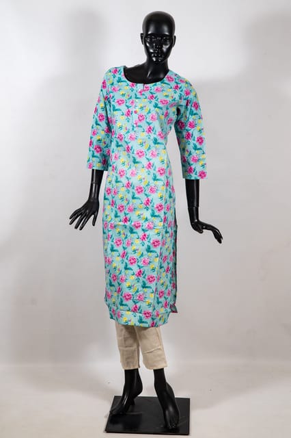 Firozi Color Cotton Kantha Printed Kurti
