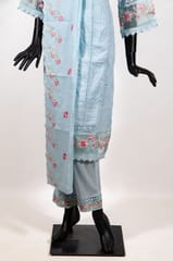 Sky Blue Color Cotton Embroidered Shirt with Cotton Embroidered Pant and Cotton Kota Doria Embroidered Dupatta