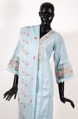 Sky Blue Color Cotton Embroidered Shirt with Cotton Embroidered Pant and Cotton Kota Doria Embroidered Dupatta