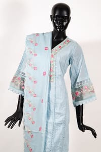 Sky Blue Color Cotton Embroidered Shirt with Cotton Embroidered Pant and Cotton Kota Doria Embroidered Dupatta
