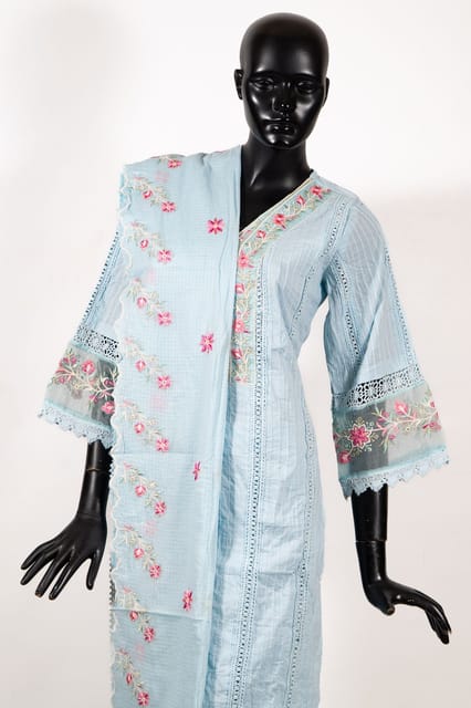 Sky Blue Color Cotton Embroidered Shirt with Cotton Embroidered Pant and Cotton Kota Doria Embroidered Dupatta