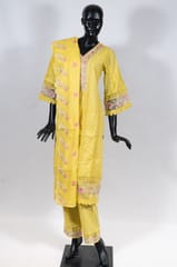 Yellow Color Cotton Embroidered Shirt with Cotton Embroidered Pant and Kota Doria Embroidered Dupatta