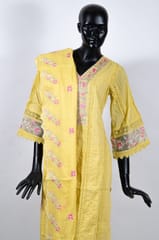Yellow Color Cotton Embroidered Shirt with Cotton Embroidered Pant and Kota Doria Embroidered Dupatta