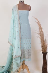 Sea Green Colour Georgette Pleat Embroidered Fabric with Georgette Embroidered Dupatta Set