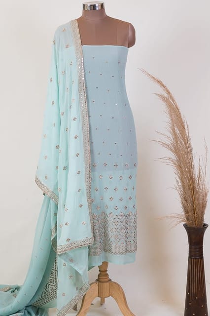 Sea Green Colour Georgette Pleat Embroidered Fabric with Georgette Embroidered Dupatta Set