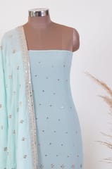 Sea Green Colour Georgette Pleat Embroidered Fabric with Georgette Embroidered Dupatta Set