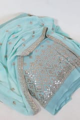Sea Green Colour Georgette Pleat Embroidered Fabric with Georgette Embroidered Dupatta Set