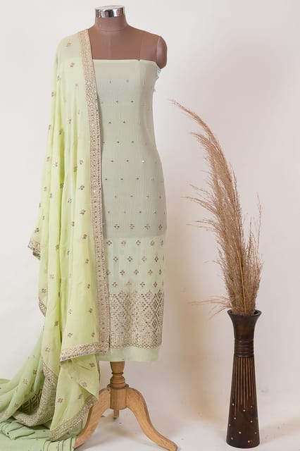Pista Green Colour Georgette Pleat Embroidered Fabric with Georgette Embroidered Dupatta Set