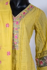 Yellow Color Cotton Embroidered Shirt with Cotton Embroidered Pant and Kota Doria Embroidered Dupatta