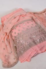 Peach Colour Georgette Pleat Embroidered Fabric with Georgette Embroidered Dupatta Set
