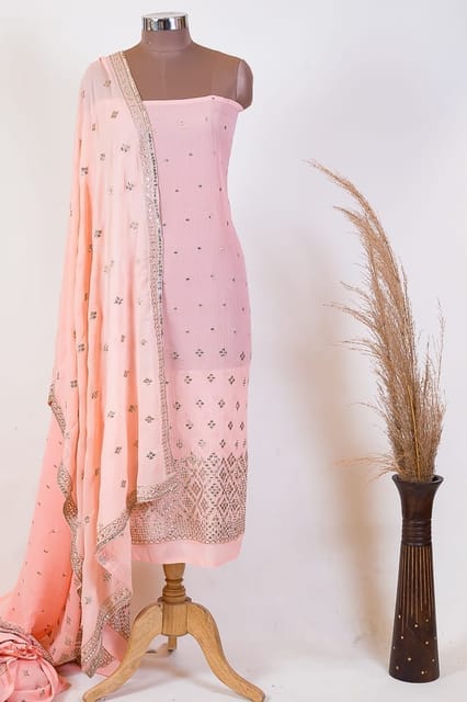 Peach Colour Georgette Pleat Embroidered Fabric with Georgette Embroidered Dupatta Set