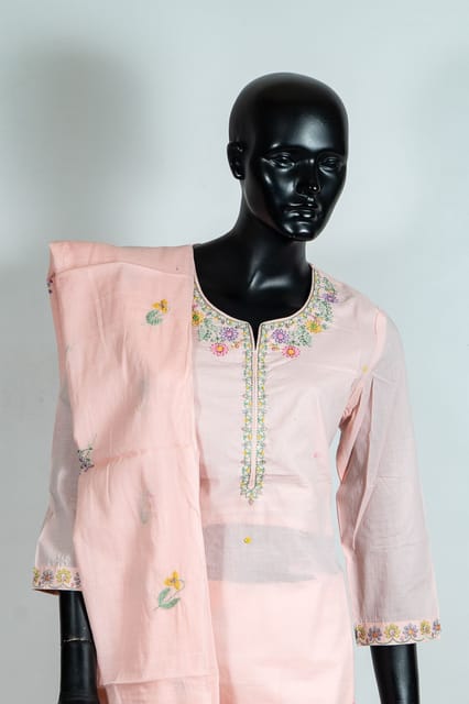 Peach Color Cotton Embroidered Shirt with Peach Color Cotton Embroidered Pant and Peach Color Cotton Embroidered Dupatta