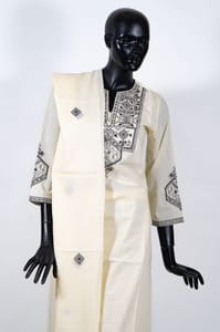 Cream Color Cotton Embroidered Shirt with Cotton Embroidered Pant and Voil Cotton Embroidered Dupatta