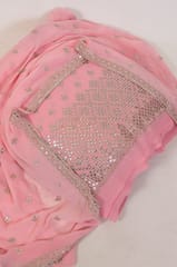 Pink Colour Georgette Pleat Embroidered Fabric with Georgette Embroidered Dupatta Set