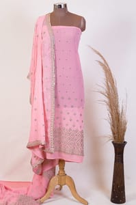 Pink Colour Georgette Pleat Embroidered Fabric with Georgette Embroidered Dupatta Set