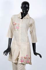Cream Color Cotton Flex Embroidered Shirt with Cotton Flex Pant Co-ord Set