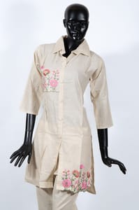 Cream Color Cotton Flex Embroidered Shirt with Cotton Flex Pant Co-ord Set