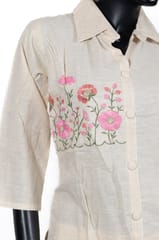 Cream Color Cotton Flex Embroidered Shirt with Cotton Flex Pant Co-ord Set