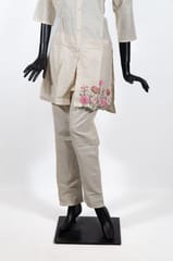 Cream Color Cotton Flex Embroidered Shirt with Cotton Flex Pant Co-ord Set