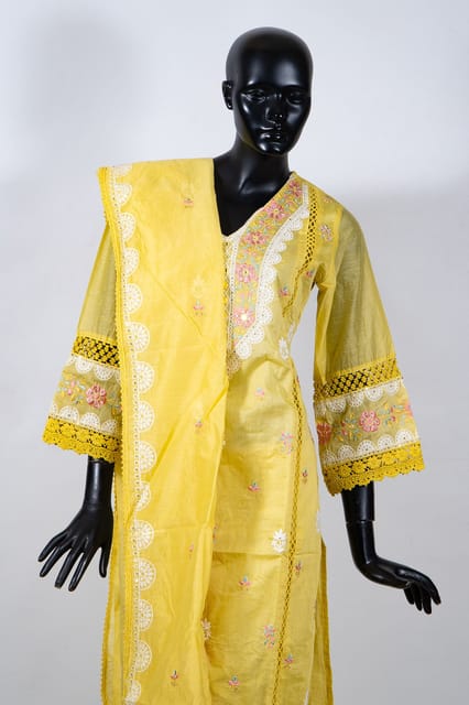Yellow Color Chanderi Embroidered Shirt with Rayon Embroidered Pant and Chanderi Embroidered Dupatta