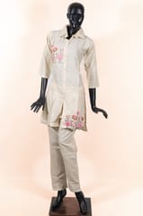 Cream Color Cotton Flex Embroidered Shirt with Cotton Flex Pant Co-ord Set