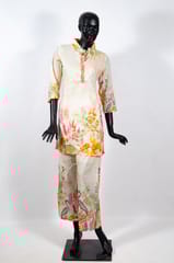 Orange Color Cotton Print with Embroidered Shirt with Cotton Printed Pant Co-ord Set