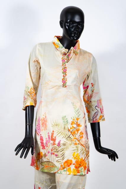 Orange Color Cotton Print with Embroidered Shirt with Cotton Printed Pant Co-ord Set