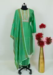 Green Colour Chanderi Embroidered Shirt With Cotton Lower And Muslin Dupatta