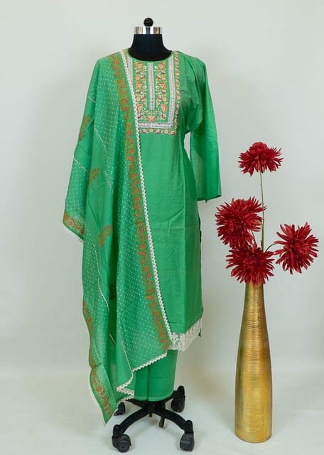 Green Colour Chanderi Embroidered Shirt With Cotton Lower And Muslin Dupatta