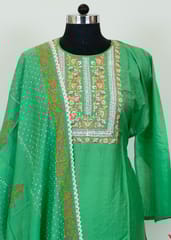 Green Colour Chanderi Embroidered Shirt With Cotton Lower And Muslin Dupatta