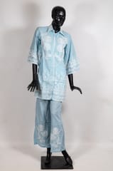 Sky Blue Color Cotton Linen Embroidered Shirt with Cotton Linen Embroidered Pant Co-ord Set