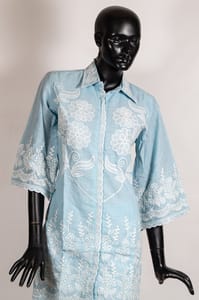 Sky Blue Color Cotton Linen Embroidered Shirt with Cotton Linen Embroidered Pant Co-ord Set