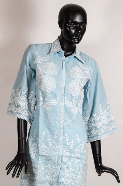 Sky Blue Color Cotton Linen Embroidered Shirt with Cotton Linen Embroidered Pant Co-ord Set