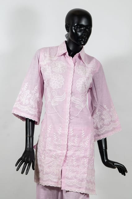 Pink Color Linen Cotton Embroidered Shirt with Linen Cotton Embroidered Pant Co-ord Set