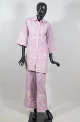 Pink Color Linen Cotton Embroidered Shirt with Linen Cotton Embroidered Pant Co-ord Set