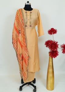 Fawn Colour Muslin Embroidered Shirt With Cotton Lower And Tabby Printed Dupatta