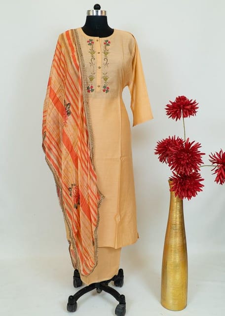 Fawn Colour Muslin Embroidered Shirt With Cotton Lower And Tabby Printed Dupatta